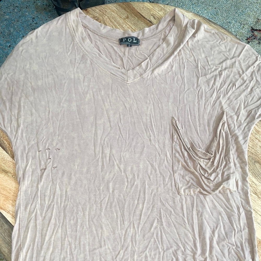 Tan v neck long distressed shirt